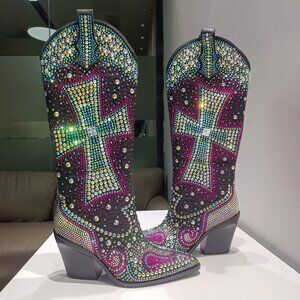 Western Knee - High Cowboy Boots With Rhinestone Cross